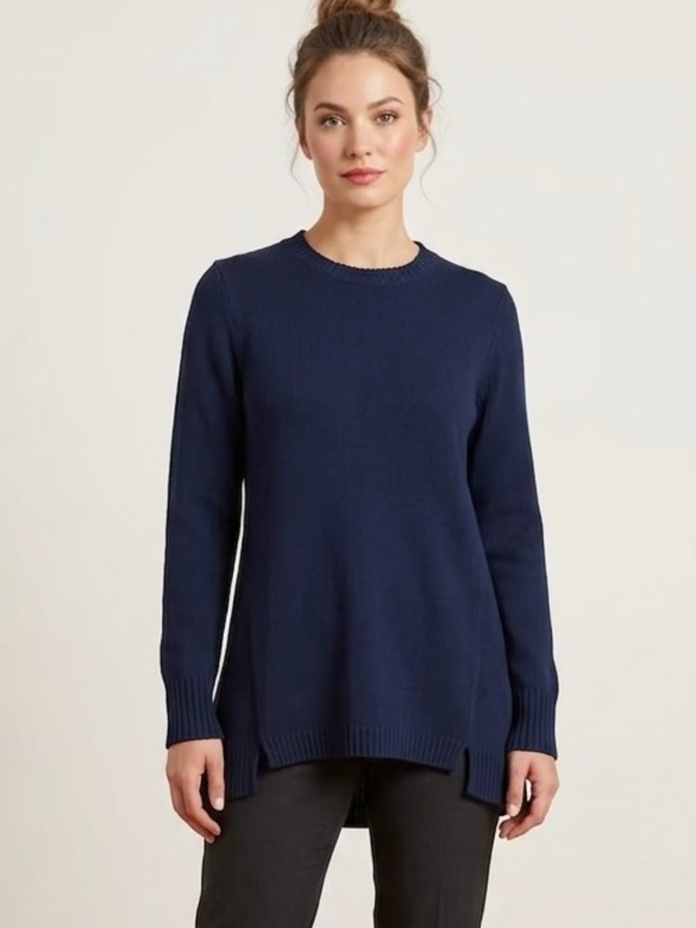 Barbara Wells Studio Navy Blue Merino Wool Blend Tunic Sweater Crew Neck